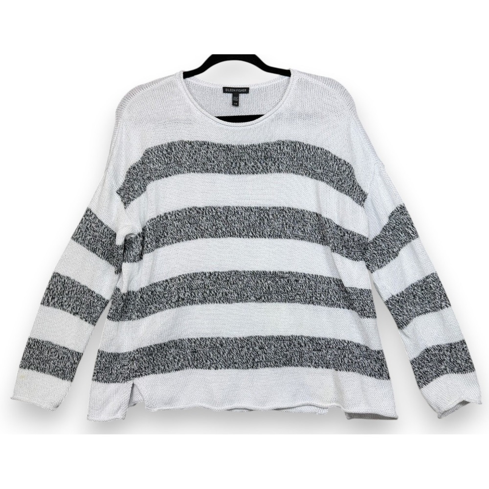 Eileen Fisher Organic Linen Sweater Womens L White Gray Striped Crop Lagenlook